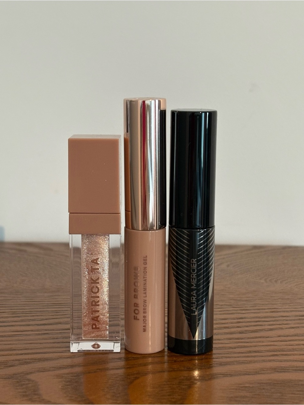 Patrick Ta Glow Shine Lip, Brow Gel, Laura Mercier Mascara Travel Size Bundle